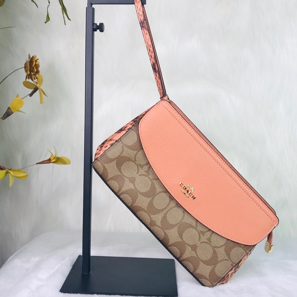 Coach Flap Over Signature Clutch wristlet wallet in subtle coral color leather!